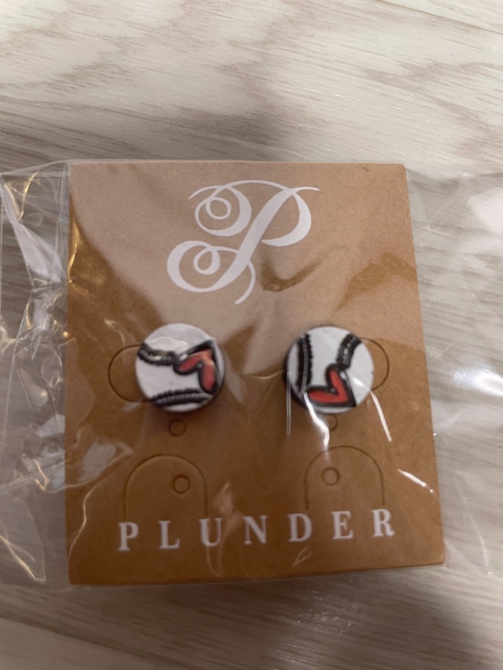 New Plunder “Hit it” White Baseball/Softball  Earrings with Red Heart Detail